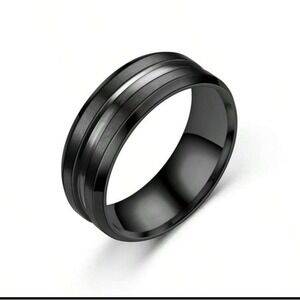 Mens Black Brushed Stainless Steel Wedding Band Ring with Silver Groove Accent